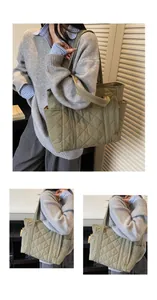 Detail of olive quilted tote bag with spacious side pocket and wide fabric handle