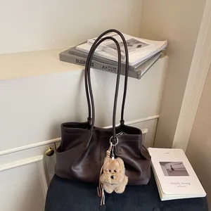 Grand Sac Cabas Décontracté pour Femmes Minimaliste en Simili Cuir Plissé avec Pendentif Chien pour Travail Quotidien