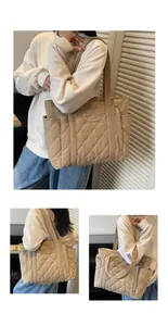 Detail of khaki quilted tote bag featuring side pockets and double shoulder straps