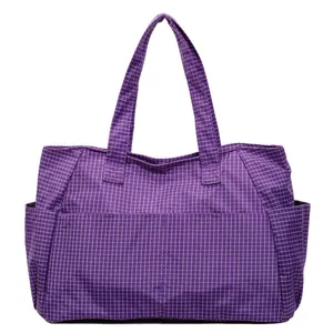 Grand sac cabas en nylon à carreaux violets avec doubles poignées pour le travail