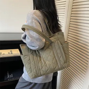 Olive green quilted down tote bag for women with large capacity and shoulder straps