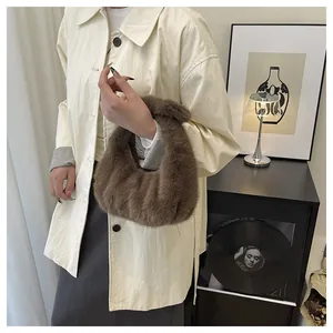 Detail of soft brown faux fur handbag with plush texture for autumn and winter styles