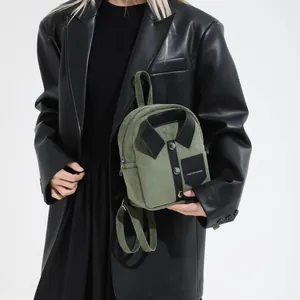 Retro olive green small backpack with shirt collar design and button detailing