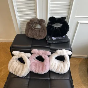Faux fur handbag set featuring plush pleated design and large bow handles in multiple colors