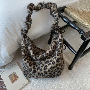 Women Retro Plaid Leopard Print Woolen Fabric Shoulder Bag Large Capacity Ruffled Strap Underarm Tote Bag With Pendant