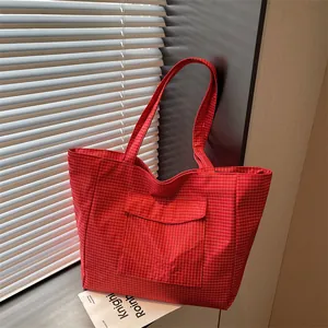 Große Damen Kapazität Kariert Leinwand Tragetasche Urban Koreanischer Stil Gingham Schultertasche Für Tägliches Pendeln Büro Schule