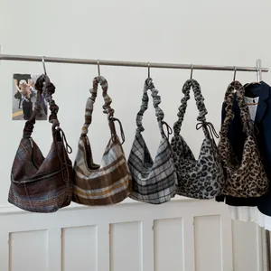Large capacity plaid shoulder bag for women in vintage checkered and leopard prints