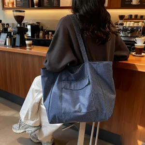 Blaue Gingham-Einkaufstasche mit Vordertasche und großem Fassungsvermögen für Damen