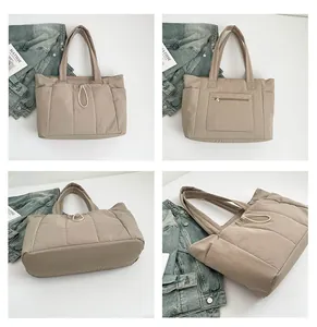 Detailed views of a khaki quilted puffy tote bag with drawstring and side pocket