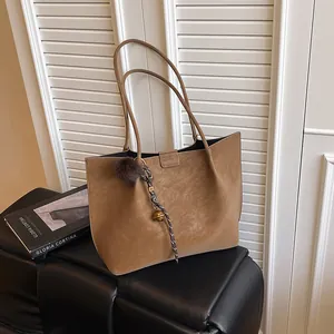 Vintage Suede Tote Bag For Women Large Capacity Shoulder Bag With Small Pouch And Pompom Pendant Casual Office Daily Handbag