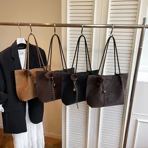 Classic large capacity faux leather tote bags in four colors with plush ball charms
