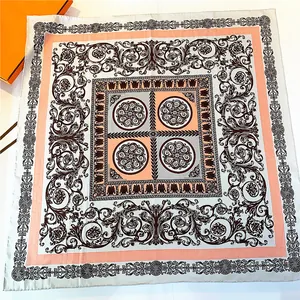 90cm silk square scarf with baroque floral pattern and hand-rolled edges on gray base