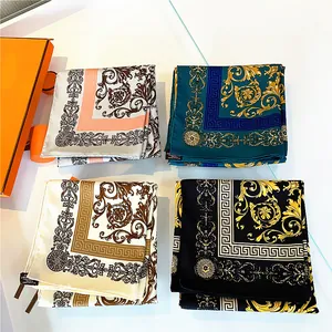 Silk square scarf 90cm with baroque floral print and hand-rolled edges 4-pack set
