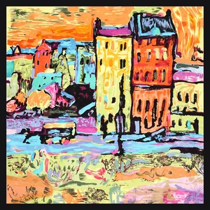 60cm oil painting house silk scarf with vibrant abstract expressionist architecture design
