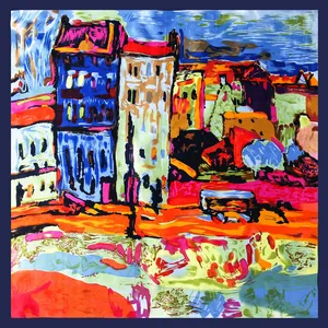 60cm square silk scarf with colorful oil painting house print and navy blue border
