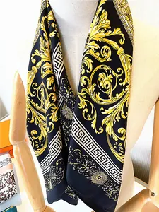 Detail of hand-rolled edges and baroque floral patterns on 90cm silk twill square scarf