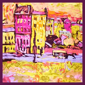 60cm Square silk scarf featuring a vibrant oil painting city landscape with purple border