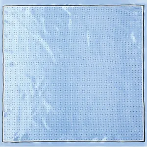Sky blue square silk scarf with white polka dots and fine black border trim details