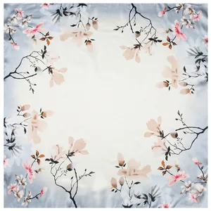 Elegant 60cm square silk scarf with realistic pink magnolia floral branch print
