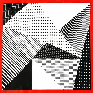 Modern 60cm geometric patchwork square silk scarf with black white patterns and red border
