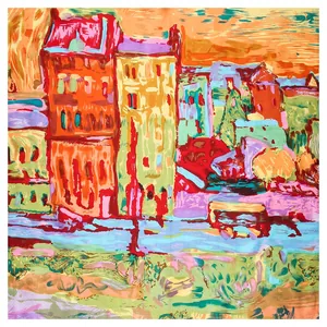 60cm square silk scarf with impressionist oil painting house pattern for women