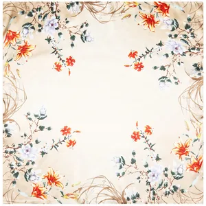 Champagne satin square scarf with elegant lily flower pattern and silk texture finish