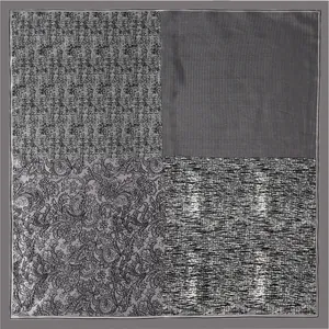 Classic 60cm monochrome paisley square scarf featuring a patchwork of four elegant textures