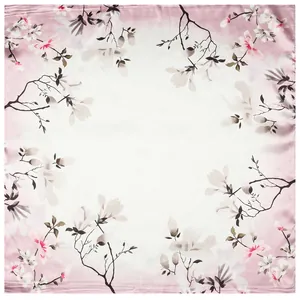 60cm Square silk scarf with elegant pink gradient and ink magnolia flower pattern