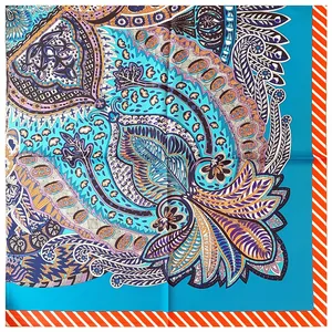 Turquoise paisley square silk scarf with floral patterns and orange striped borders