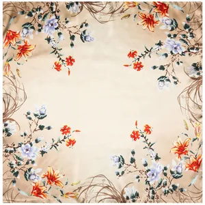 60cm Square Silk Scarf featuring champagne base with orange lilies and floral patterns