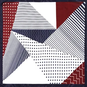 Navy and red geometric silk scarf for women featuring polka dots and striped patterns