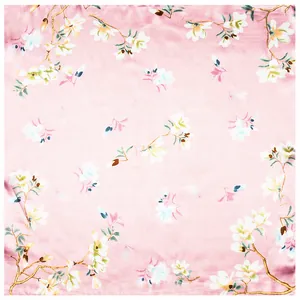 Pink silk square scarf with elegant white magnolia flower pattern for women professional look