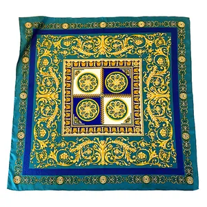 Luxury green square silk scarf with gold baroque floral patterns and blue Greek key border