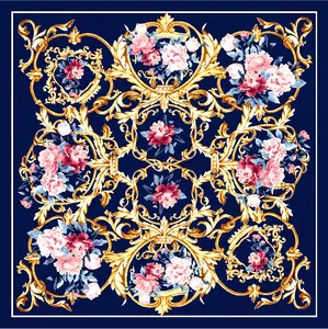 Detail of 90cm square silk scarf with blue baroque gold patterns and pink peony flowers