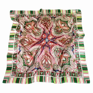 90cm Bohemian paisley square silk scarf with vintage floral patterns and green red border