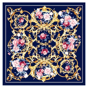 Navy blue square silk scarf with golden Baroque floral patterns and pink roses