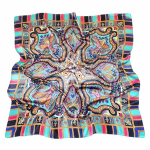 90cm bohemian paisley silk square scarf with colorful floral patterns and striped edges