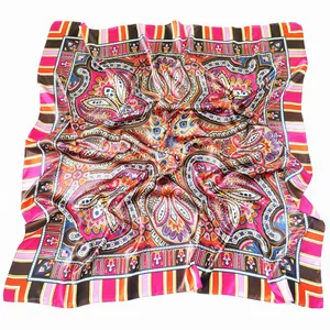 90cm Bohemian Paisley silk square scarf with vibrant floral patterns and satin finish