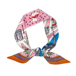 Rosa Twilly-Seidenschal mit Pariser Eiffelturm-Print und spitzen Enden für Handtaschen