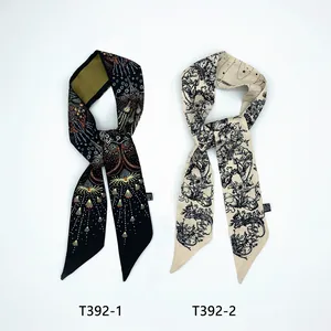 Two floral twilly silk scarves for bag handles with abstract and vintage prints
