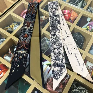 Elegant floral twilly silk scarf for handbags with baroque and sketch art patterns