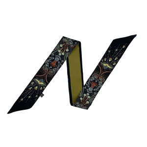 Floral silk twilly scarf for handbag handles featuring ethnic patterns and olive green reverse