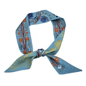 Blue and orange floral print silk ribbon twilly scarf for handbags and neck styling