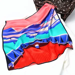 Vibrant landscape print silk square scarf with hand-rolled edges for women