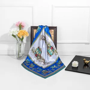 Vintage Royal Carriage Print Satin Square Scarf For Women Elegant Silk Like Neck Head Scarf Shawl Wrap Fashion Accessory