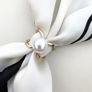 Elegant V Shape Alloy Scarf Ring With Faux Pearl Geometric Cross Scarf Clip Buckle For Women Silk Scarf Accessories Gift