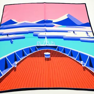 53cm square silk scarf with polar sailing illustration showing bright arctic landscapes