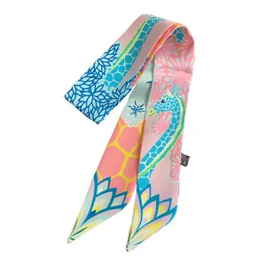 Pink giraffe print silk scarf for women bag handle wrap and stylish necktie accessory