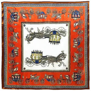 Classic 90cm royal carriage silk square scarf in orange and navy blue horse print