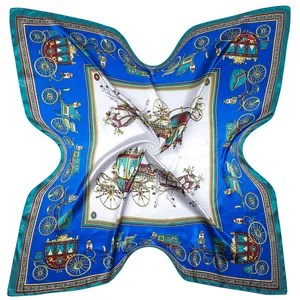 Classic royal horse carriage 90cm square silk scarf with deep blue border and satin finish